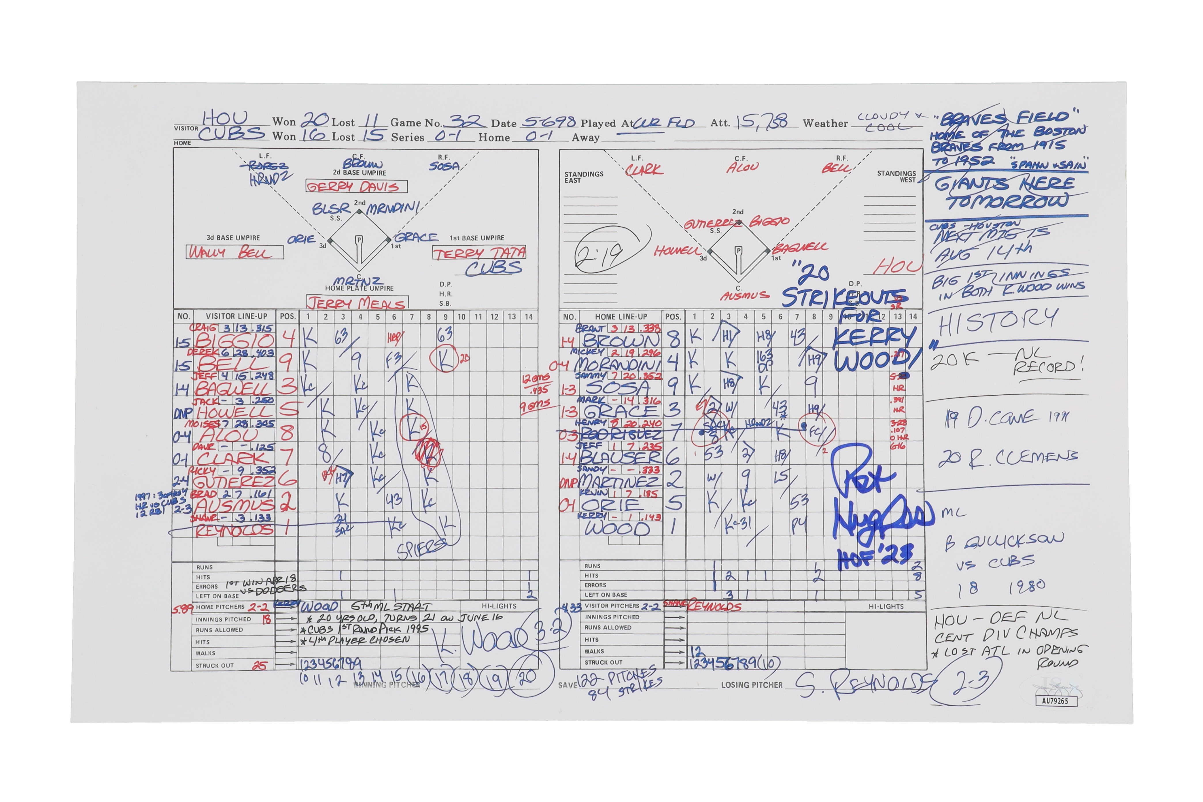 Pat Hughes Signed Cubs Scorecard Print Inscribed "20 Strikeouts For Kerry Wood!" & "HOF '23" (JSA) at PristineAuction.com Pat Hughes Signed Cubs Scorecard Print Inscribed "20 Strikeouts For Kerry Wood!" & "HOF '23" (JSA) at PristineAuction.com