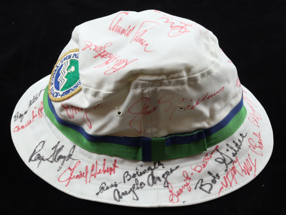 Golf Hall of Famers and Stars Pebble Beach 59th Championship Bucket Hat Signed by (24) with Arnold Palmer, Sam Snead, Jack Nicklaus, Ray Floyd (JSA) at PristineAuction.com Golf Hall of Famers and Stars Pebble Beach 59th Championship Bucket Hat Signed by (24) with Arnold Palmer, Sam Snead, Jack Nicklaus, Ray Floyd (JSA) at PristineAuction.com