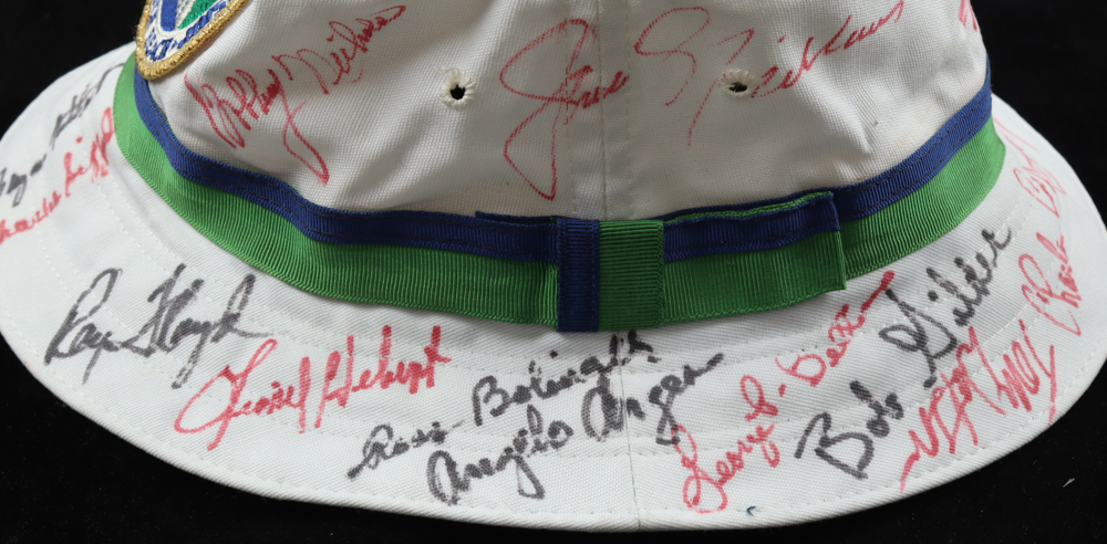 Golf Hall of Famers and Stars Pebble Beach 59th Championship Bucket Hat Signed by (24) with Arnold Palmer, Sam Snead, Jack Nicklaus, Ray Floyd (JSA) at PristineAuction.com Golf Hall of Famers and Stars Pebble Beach 59th Championship Bucket Hat Signed by (24) with Arnold Palmer, Sam Snead, Jack Nicklaus, Ray Floyd (JSA) at PristineAuction.com