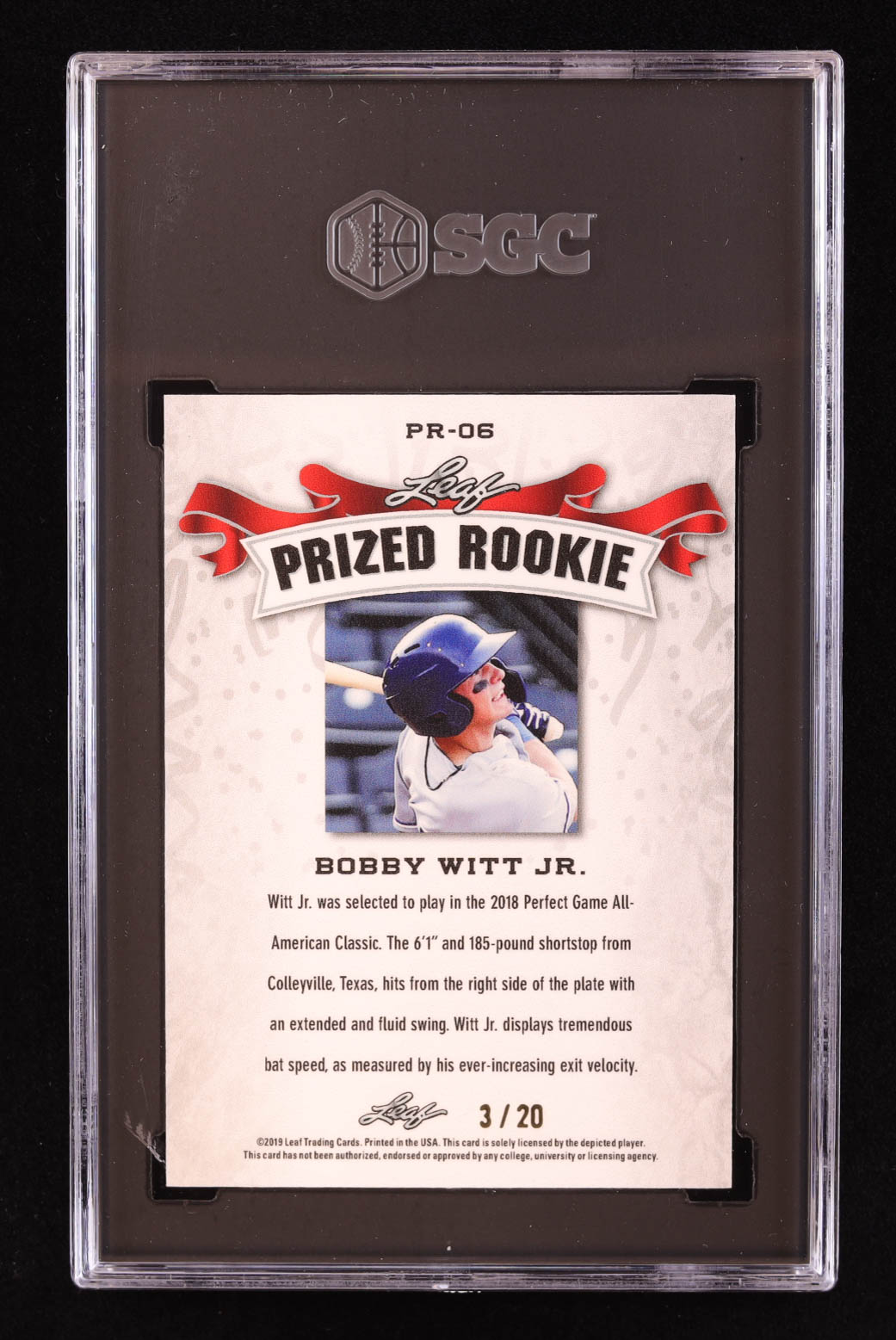 Bobby Witt Jr. 2019 Leaf Special Release Prized Rookie Blue #PR06 RC #03/20 (SGC 10) at PristineAuction.com Bobby Witt Jr. 2019 Leaf Special Release Prized Rookie Blue #PR06 RC #03/20 (SGC 10) at PristineAuction.com