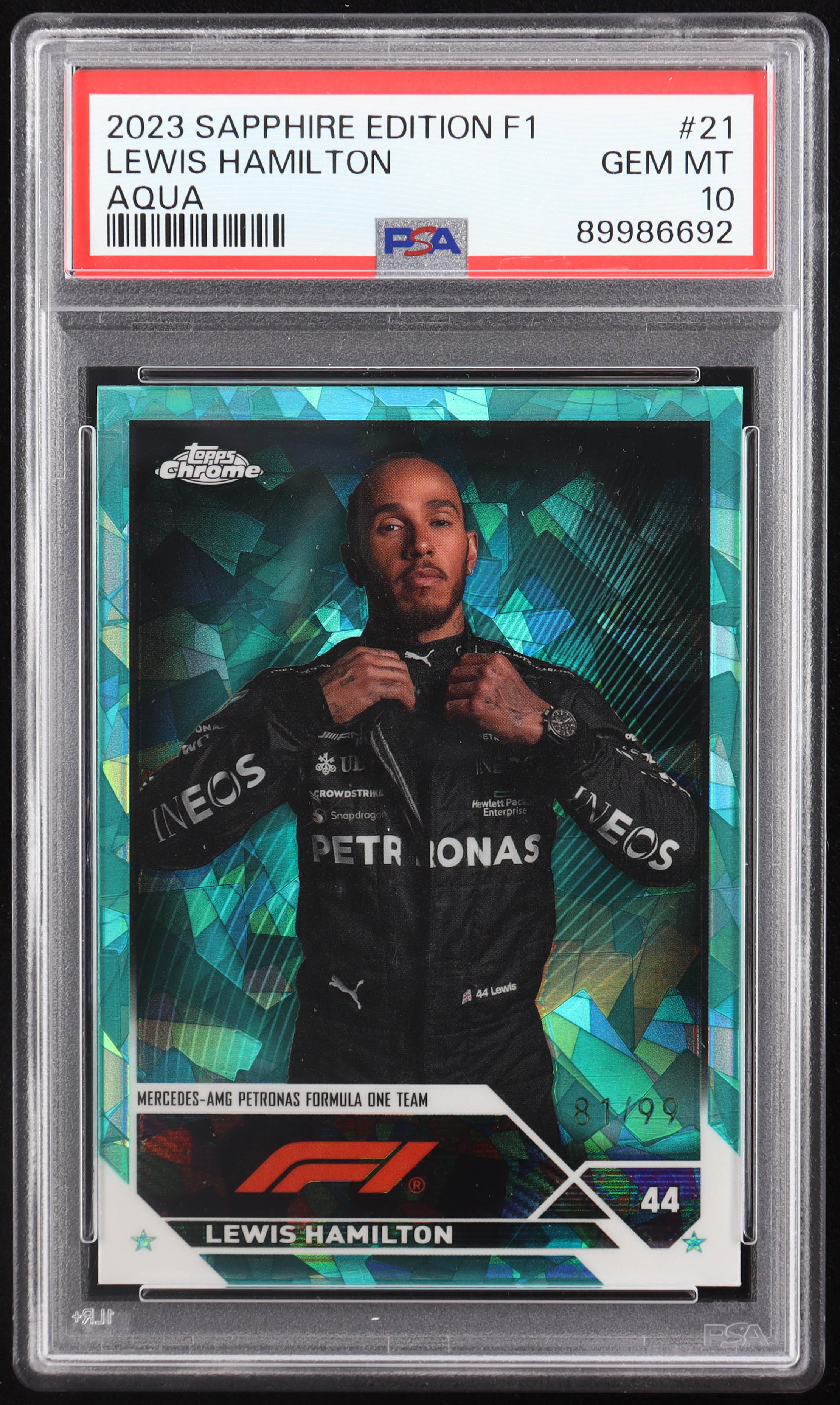 Lewis Hamilton 2023 Topps Chrome Sapphire Formula 1 Aqua Refractors Portrait #21 #81/99 (PSA 10) at PristineAuction.com Lewis Hamilton 2023 Topps Chrome Sapphire Formula 1 Aqua Refractors Portrait #21 #81/99 (PSA 10) at PristineAuction.com