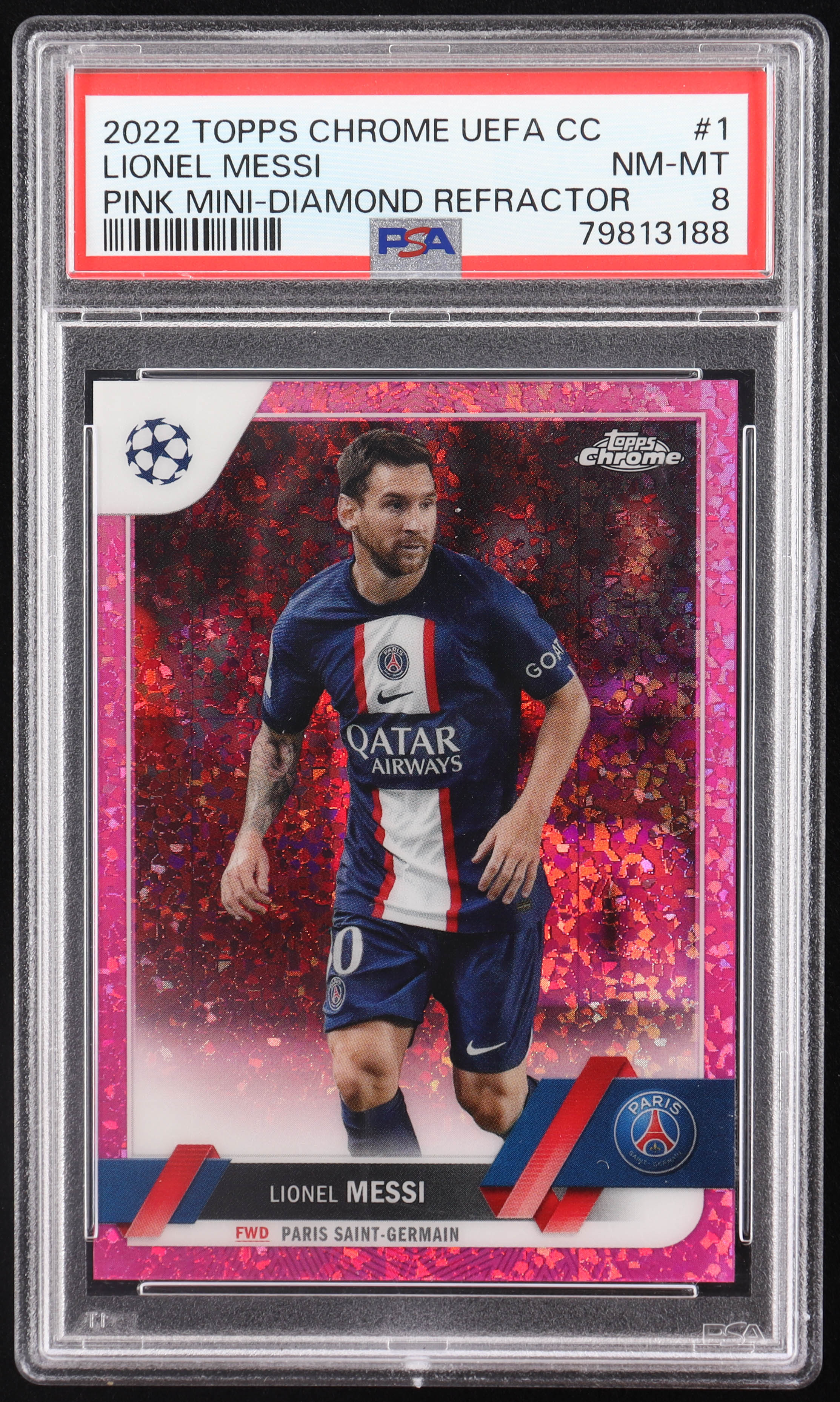 Lionel Messi 2022-23 Topps Chrome UEFA Club Competitions Pink Mini Diamond Refractors #1 #72/175 (PSA 8) at PristineAuction.com Lionel Messi 2022-23 Topps Chrome UEFA Club Competitions Pink Mini Diamond Refractors #1 #72/175 (PSA 8) at PristineAuction.com