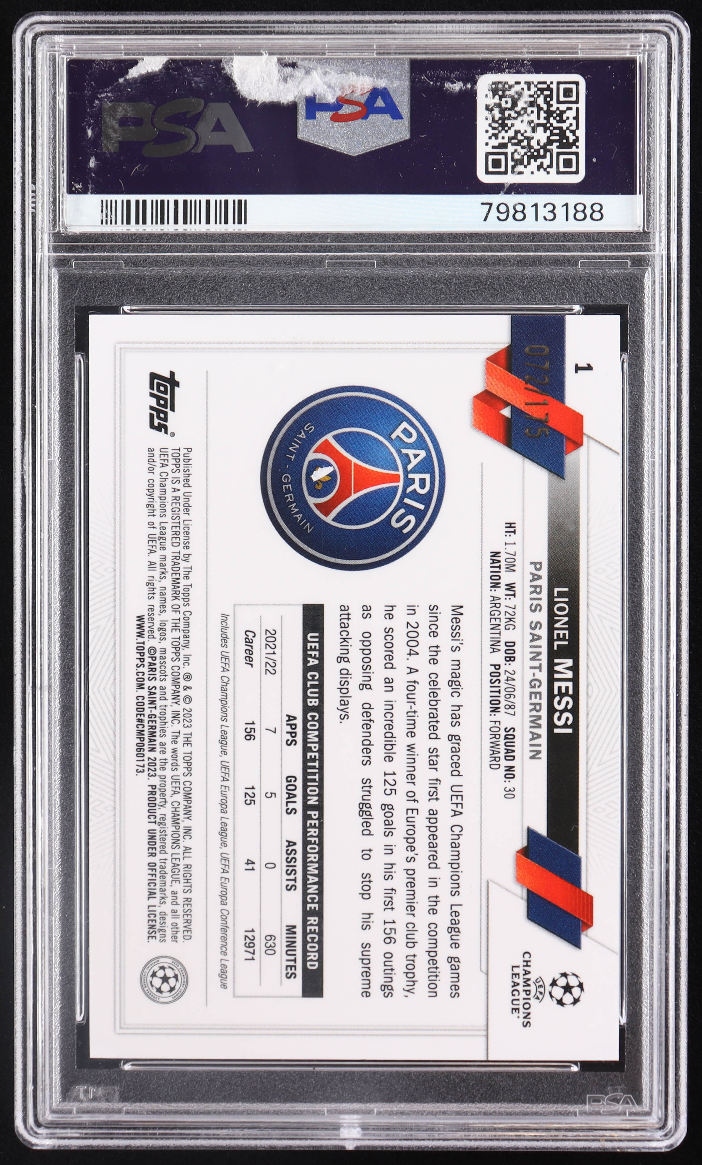 Lionel Messi 2022-23 Topps Chrome UEFA Club Competitions Pink Mini Diamond Refractors #1 #72/175 (PSA 8) at PristineAuction.com Lionel Messi 2022-23 Topps Chrome UEFA Club Competitions Pink Mini Diamond Refractors #1 #72/175 (PSA 8) at PristineAuction.com