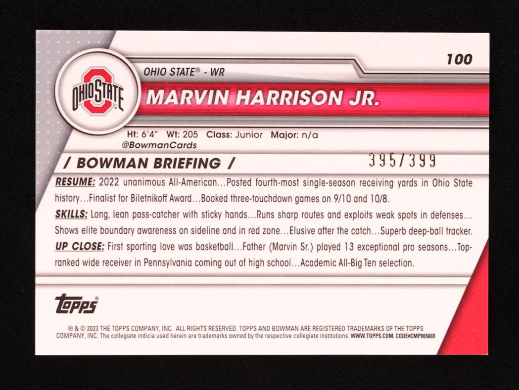 Marvin Harrison Jr. 2023 Bowman Chrome University Purple Mini Diamonds Refractors #100 RC #395/399 at PristineAuction.com Marvin Harrison Jr. 2023 Bowman Chrome University Purple Mini Diamonds Refractors #100 RC #395/399 at PristineAuction.com