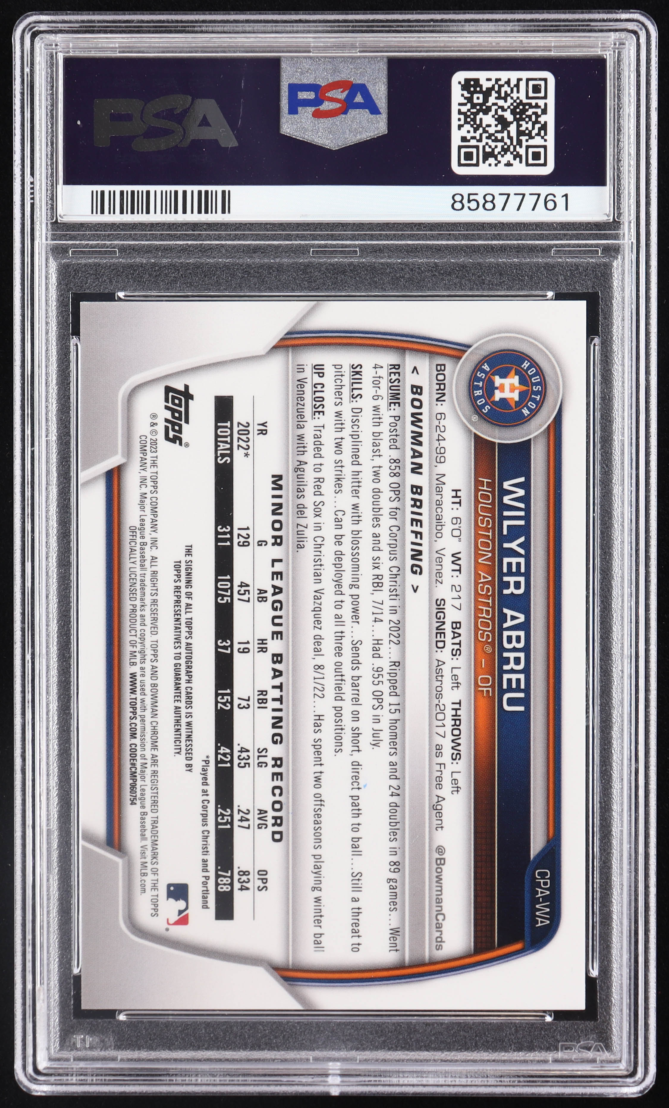 Wilyer Abreu 2023 Bowman Chrome Prospect Autographs Speckle Refractors #CPAWA RC #161/299 (PSA 10) at PristineAuction.com Wilyer Abreu 2023 Bowman Chrome Prospect Autographs Speckle Refractors #CPAWA RC #161/299 (PSA 10) at PristineAuction.com