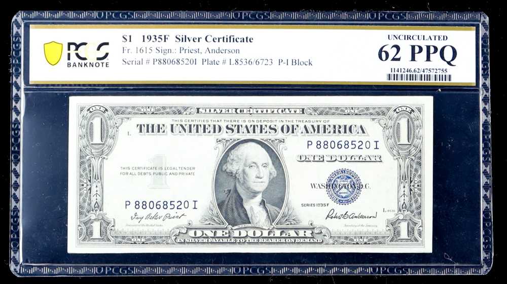 1935-F U.S. $1 Silver Certificate - Fr. 1615 Signed: Priest / Anderson (PCGS Uncirculated 62 PPQ) at PristineAuction.com 1935-F U.S. $1 Silver Certificate - Fr. 1615 Signed: Priest / Anderson (PCGS Uncirculated 62 PPQ) at PristineAuction.com