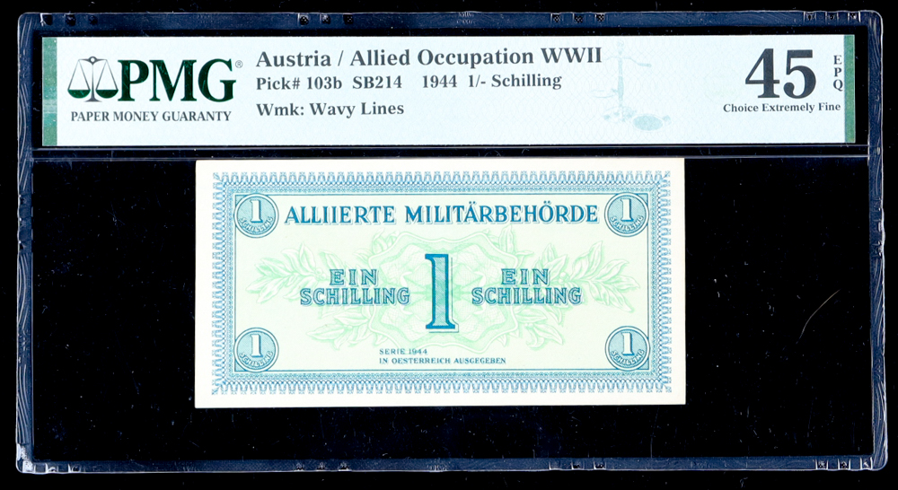 1944 Austria / Allied Occupation WWII - 1 Schilling (PMG Choice Extremely Fine 45 EPQ) at PristineAuction.com 1944 Austria / Allied Occupation WWII - 1 Schilling (PMG Choice Extremely Fine 45 EPQ) at PristineAuction.com