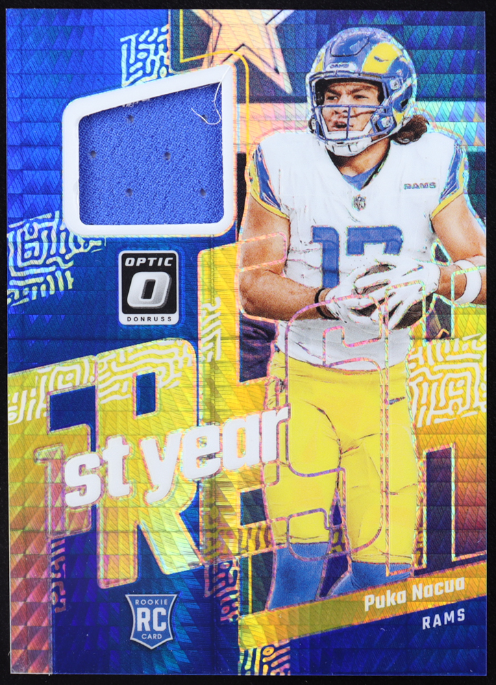 Puka Nacua 2023 Donruss Optic First Year Fresh Jerseys Blue Hyper #35 RC at PristineAuction.com Puka Nacua 2023 Donruss Optic First Year Fresh Jerseys Blue Hyper #35 RC at PristineAuction.com