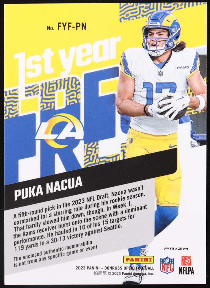 Puka Nacua 2023 Donruss Optic First Year Fresh Jerseys Blue Hyper #35 RC at PristineAuction.com Puka Nacua 2023 Donruss Optic First Year Fresh Jerseys Blue Hyper #35 RC at PristineAuction.com