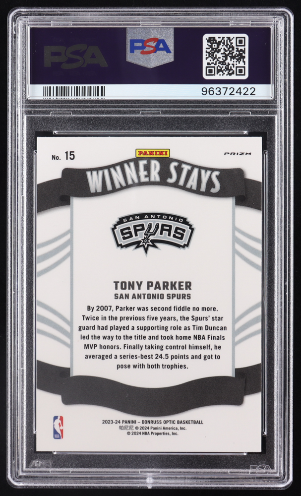Tony Parker 2023-24 Donruss Optic Winner Stays Purple #15 (PSA 10) at PristineAuction.com Tony Parker 2023-24 Donruss Optic Winner Stays Purple #15 (PSA 10) at PristineAuction.com