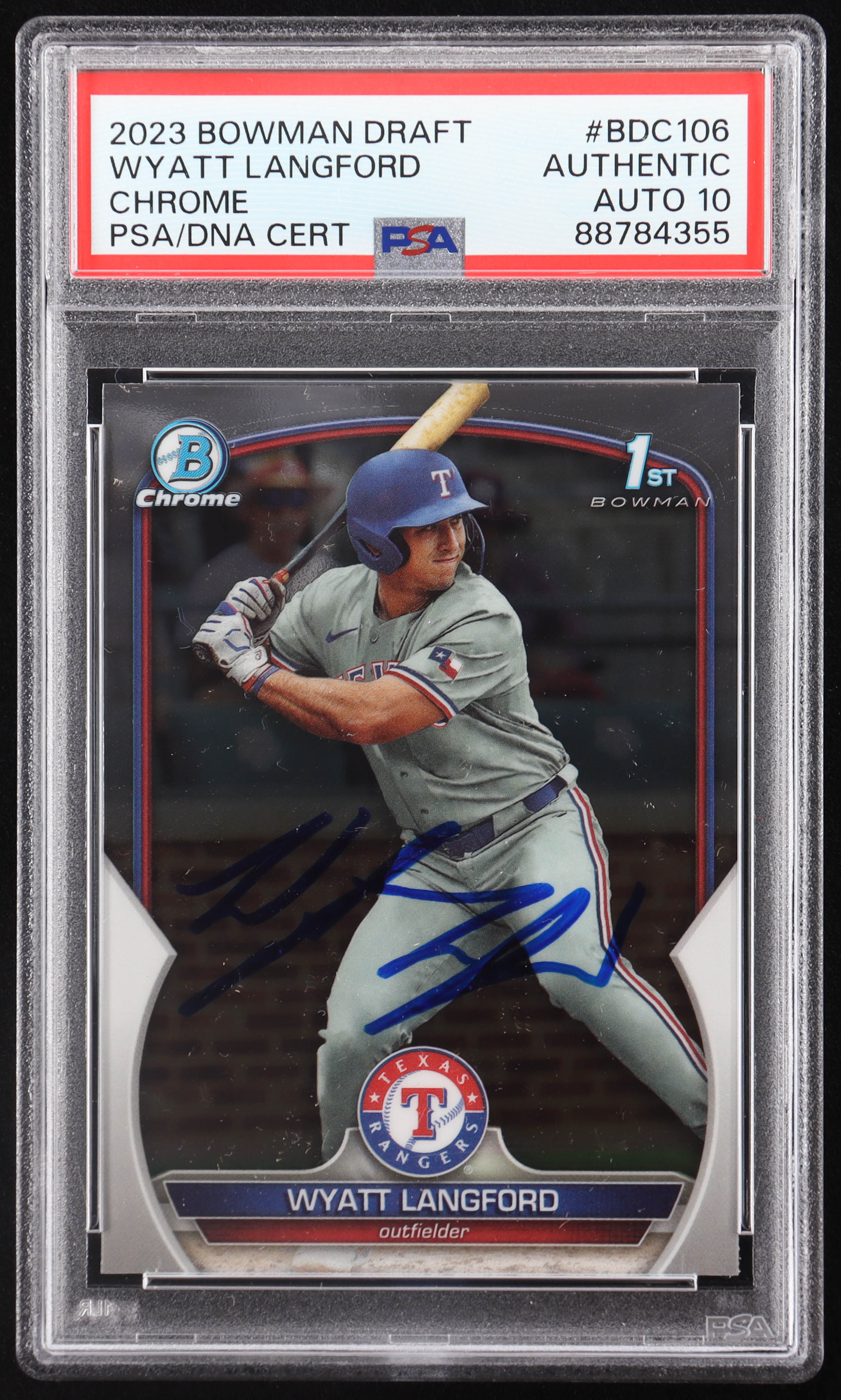 Wyatt Langford Signed 2023 Bowman Chrome Draft #BDC106 RC (PSA | Autograph Grade 10) at PristineAuction.com Wyatt Langford Signed 2023 Bowman Chrome Draft #BDC106 RC (PSA | Autograph Grade 10) at PristineAuction.com