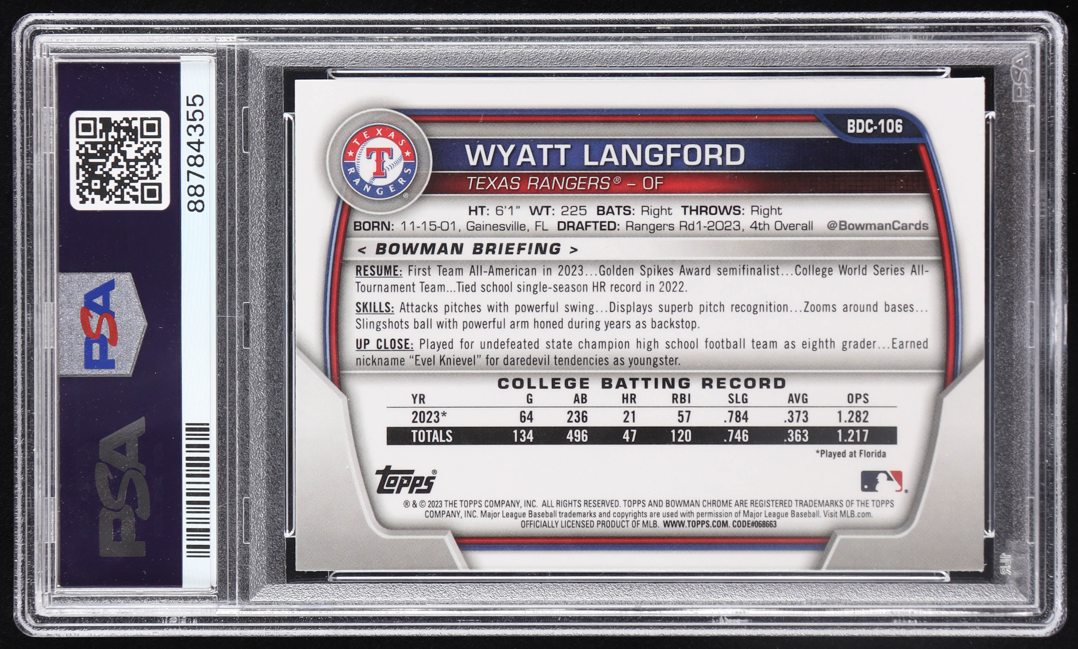 Wyatt Langford Signed 2023 Bowman Chrome Draft #BDC106 RC (PSA | Autograph Grade 10) at PristineAuction.com Wyatt Langford Signed 2023 Bowman Chrome Draft #BDC106 RC (PSA | Autograph Grade 10) at PristineAuction.com