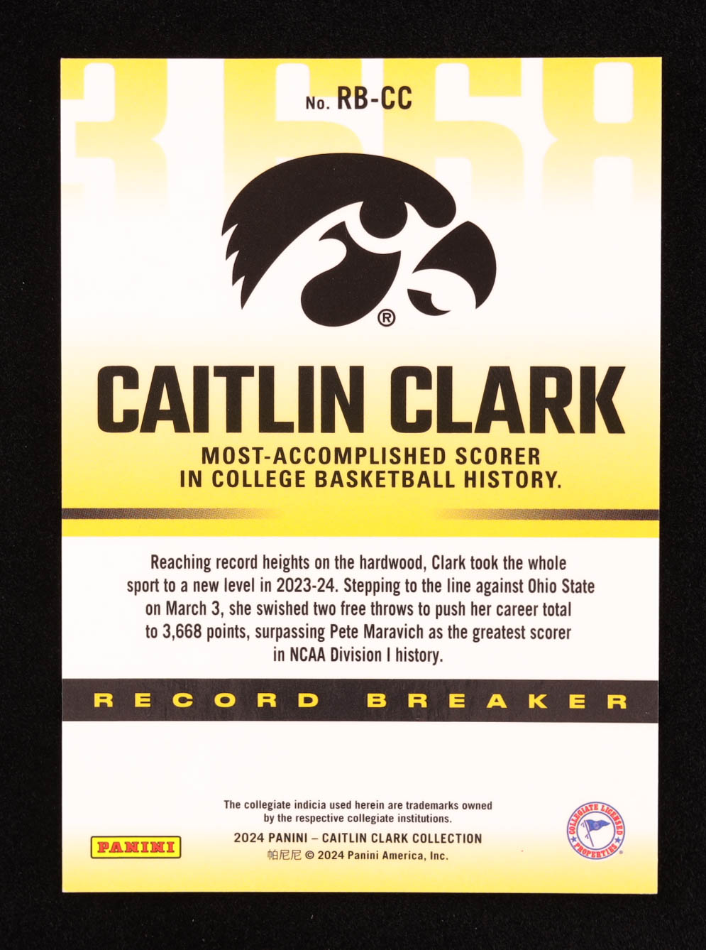 Caitlin Clark 2024 Panini Caitlin Clark Collection Record Breaker #RBCC RC at PristineAuction.com Caitlin Clark 2024 Panini Caitlin Clark Collection Record Breaker #RBCC RC at PristineAuction.com