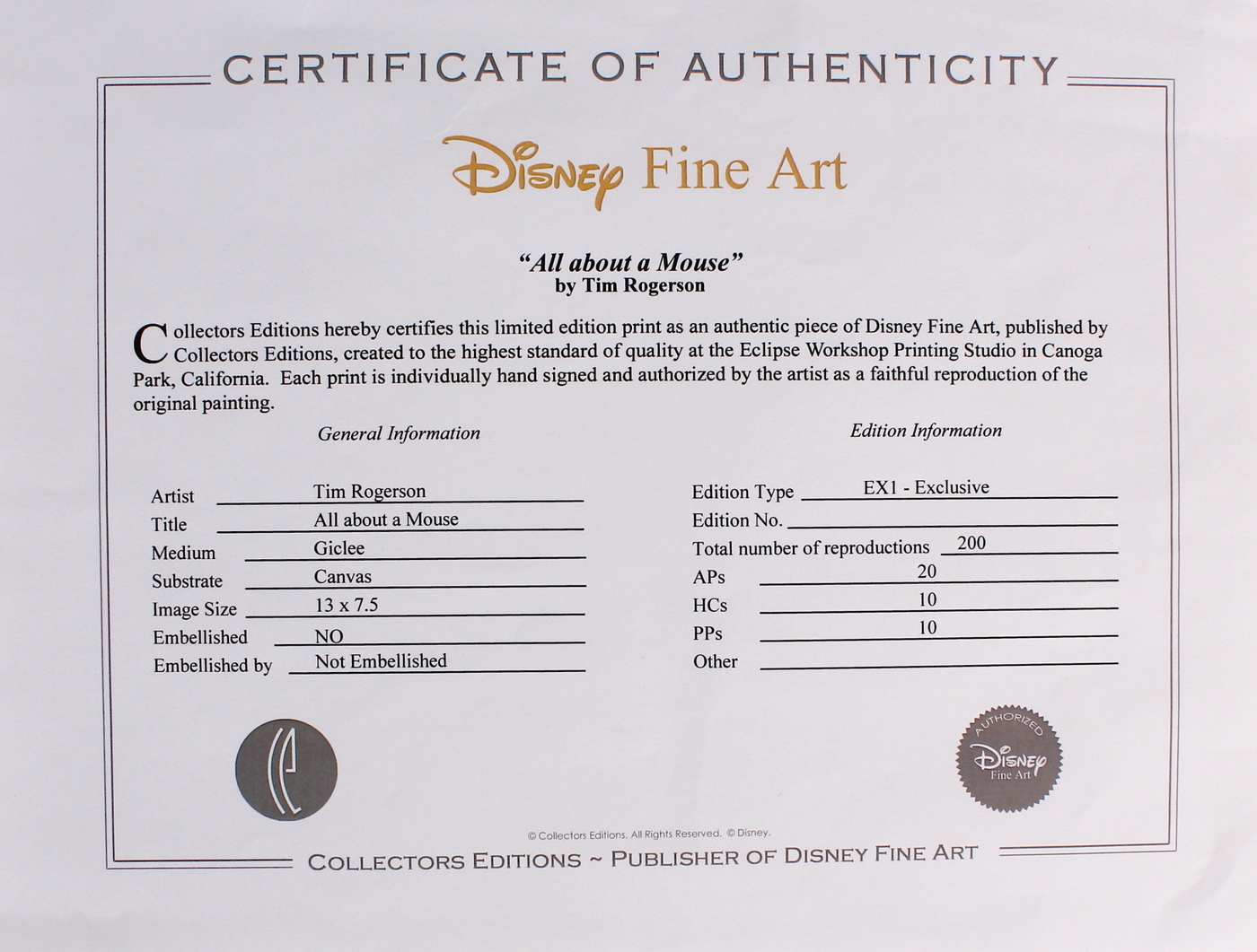 Tim Rogerson 13" x 7.5" "All About a Mouse" Mickey Mouse Signed Limited Edition Walt Disney Fine Art Giclee on Canvas #191/200 (Disney COA) at PristineAuction.com Tim Rogerson 13" x 7.5" "All About a Mouse" Mickey Mouse Signed Limited Edition Walt Disney Fine Art Giclee on Canvas #191/200 (Disney COA) at PristineAuction.com