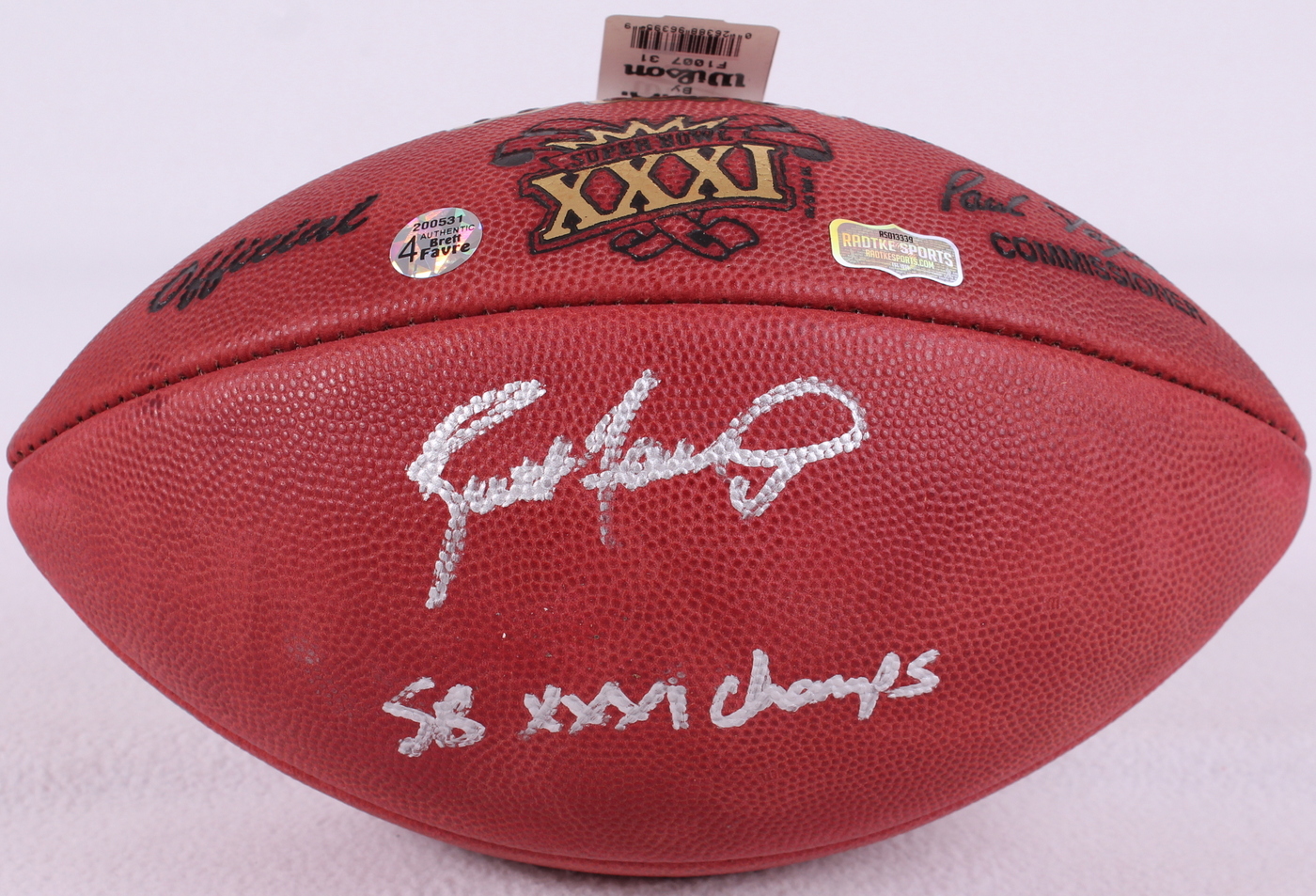 Brett Favre Signed Official NFL Super Bowl XXXI Game Ball Inscribed "SB XXXI Champs" (Favre COA & Radtke COA) at PristineAuction.com Brett Favre Signed Official NFL Super Bowl XXXI Game Ball Inscribed "SB XXXI Champs" (Favre COA & Radtke COA) at PristineAuction.com