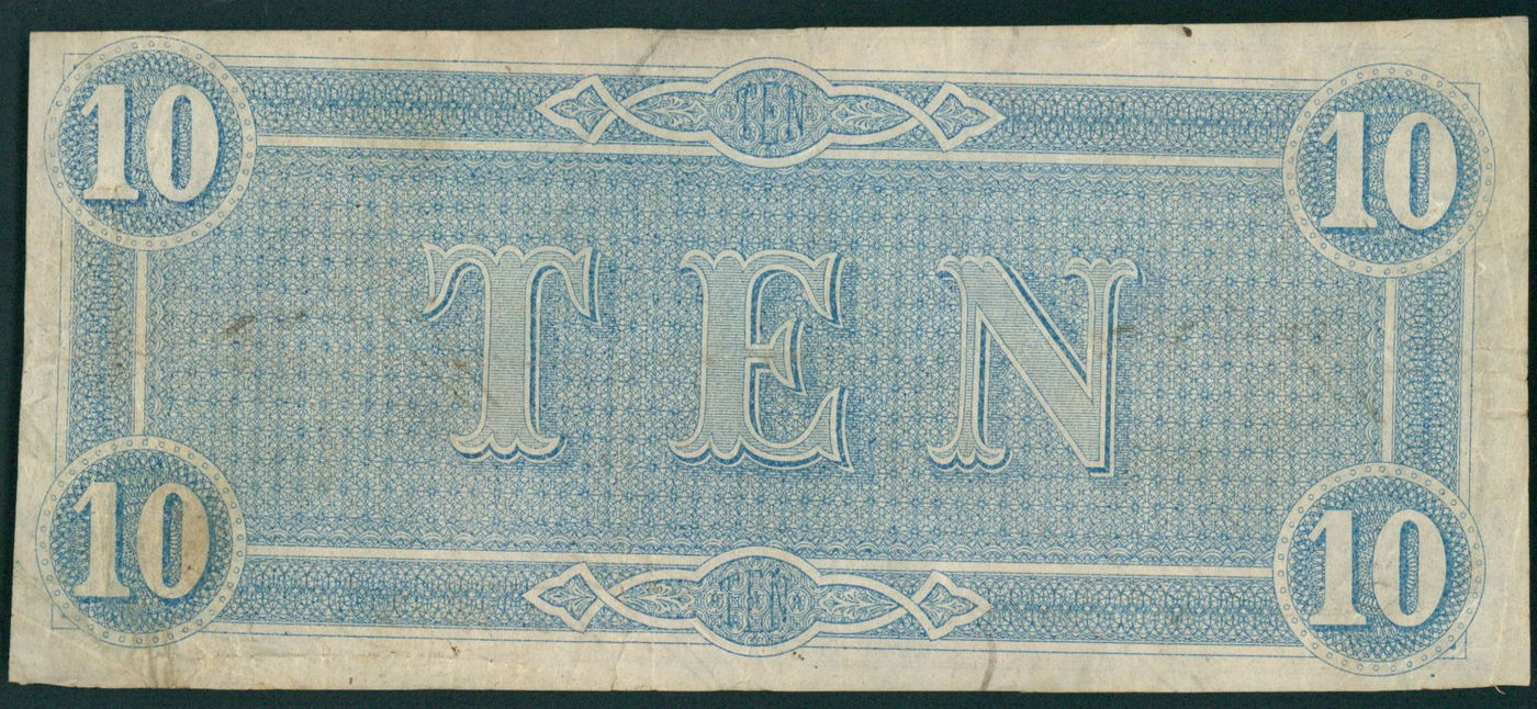 1864 Confederate States of America $10 Ten Dollar Richmond CSA Bank Note Bill at PristineAuction.com 1864 Confederate States of America $10 Ten Dollar Richmond CSA Bank Note Bill at PristineAuction.com
