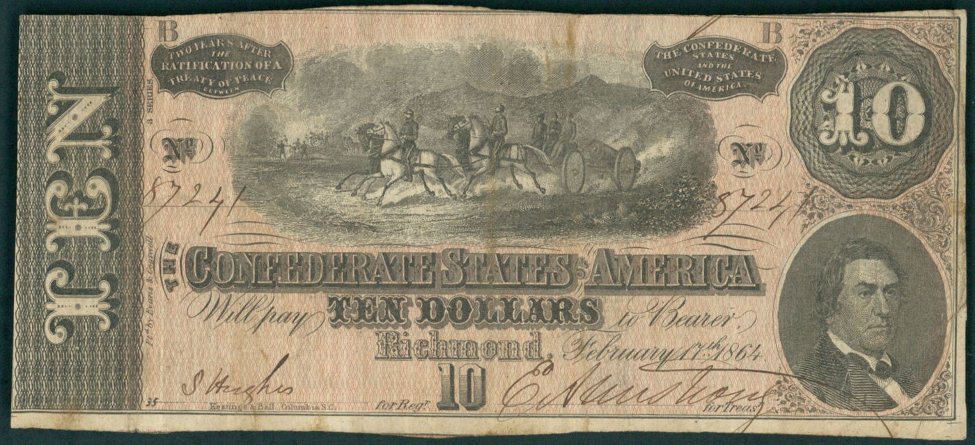 1864 Confederate States of America $10 Ten Dollar Richmond CSA Bank Note Bill at PristineAuction.com 1864 Confederate States of America $10 Ten Dollar Richmond CSA Bank Note Bill at PristineAuction.com