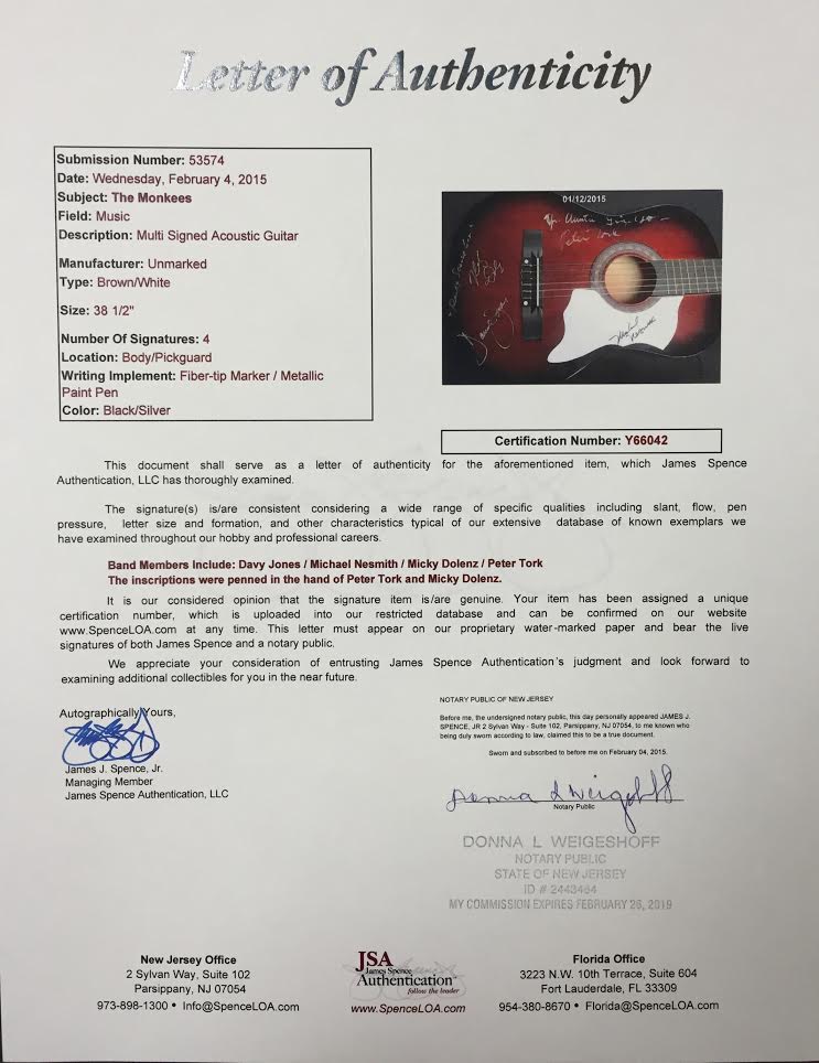 The Monkees Band-Signed Acoustic Guitar with (4) Signatures Including Davy Jones, Michael Nesmith, Peter Tork & Micky Dolenz (JSA LOA) at PristineAuction.com The Monkees Band-Signed Acoustic Guitar with (4) Signatures Including Davy Jones, Michael Nesmith, Peter Tork & Micky Dolenz (JSA LOA) at PristineAuction.com