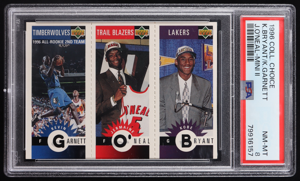 Kobe Bryant RC / Jermaine O'Neal RC / Kevin Garnett 1996-97 Collector's Choice Mini-Cards #M129 (PSA 8) at PristineAuction.com Kobe Bryant RC / Jermaine O'Neal RC / Kevin Garnett 1996-97 Collector's Choice Mini-Cards #M129 (PSA 8) at PristineAuction.com