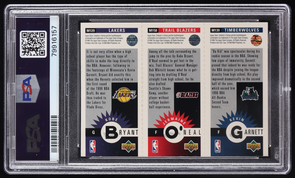 Kobe Bryant RC / Jermaine O'Neal RC / Kevin Garnett 1996-97 Collector's Choice Mini-Cards #M129 (PSA 8) at PristineAuction.com Kobe Bryant RC / Jermaine O'Neal RC / Kevin Garnett 1996-97 Collector's Choice Mini-Cards #M129 (PSA 8) at PristineAuction.com