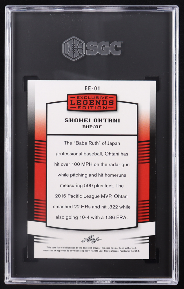 Shohei Ohtani 2018 Leaf Ohtani Legends Exclusive Edition Red #EE01 RC #155/200 (SGC 9) at PristineAuction.com Shohei Ohtani 2018 Leaf Ohtani Legends Exclusive Edition Red #EE01 RC #155/200 (SGC 9) at PristineAuction.com