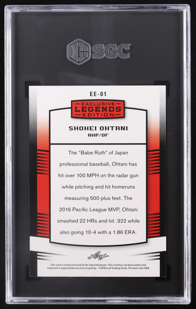 Shohei Ohtani 2018 Leaf Ohtani Legends Exclusive Edition Red #EE01 RC #143/200 (SGC 9.5) at PristineAuction.com Shohei Ohtani 2018 Leaf Ohtani Legends Exclusive Edition Red #EE01 RC #143/200 (SGC 9.5) at PristineAuction.com