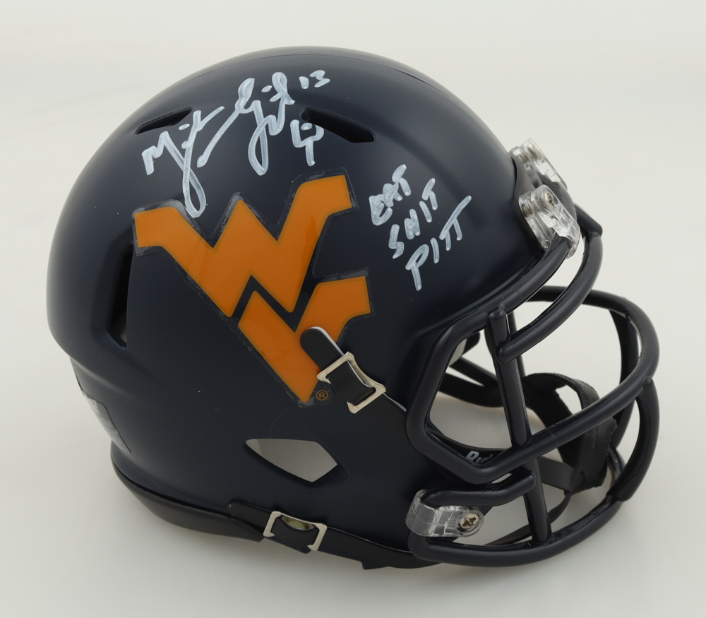 Mike Vanderjagt Signed West Virginia Mountaineers Speed Mini Helmet Inscribed "Eat S*** Pitt" With Field Goal Sketch (Beckett) at PristineAuction.com Mike Vanderjagt Signed West Virginia Mountaineers Speed Mini Helmet Inscribed "Eat S*** Pitt" With Field Goal Sketch (Beckett) at PristineAuction.com