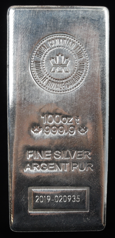 100oz Royal Canadian Mint (RCM) 999.9 Fine Silver Bullion Bar at PristineAuction.com 100oz Royal Canadian Mint (RCM) 999.9 Fine Silver Bullion Bar at PristineAuction.com