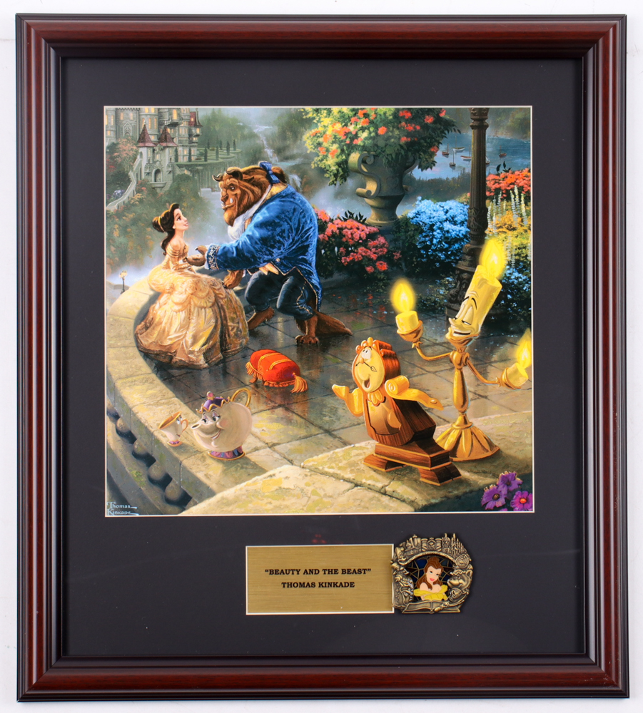 Thomas Kinkade "Beauty and the Beast" Custom Framed Print Display With Belle Disney Imagineers Only Stained Glass Pin at PristineAuction.com Thomas Kinkade "Beauty and the Beast" Custom Framed Print Display With Belle Disney Imagineers Only Stained Glass Pin at PristineAuction.com