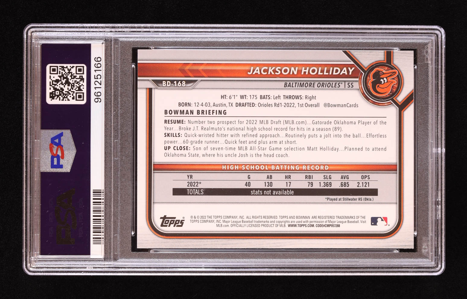Jackson Holliday 2022 Bowman Draft #BD168 RC (PSA 10) at PristineAuction.com Jackson Holliday 2022 Bowman Draft #BD168 RC (PSA 10) at PristineAuction.com