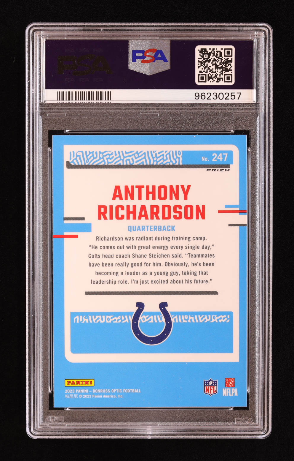 Anthony Richardson 2023 Donruss Optic Purple Shock #247 RR RC (PSA 10) at PristineAuction.com Anthony Richardson 2023 Donruss Optic Purple Shock #247 RR RC (PSA 10) at PristineAuction.com