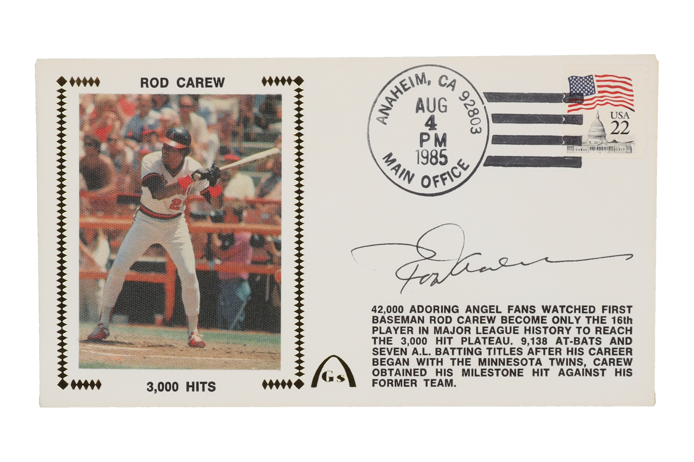 Rod Carew Signed "Rod Carew - 3,000 Hits" 1985 FDC Envelope (Beckett) at PristineAuction.com Rod Carew Signed "Rod Carew - 3,000 Hits" 1985 FDC Envelope (Beckett) at PristineAuction.com