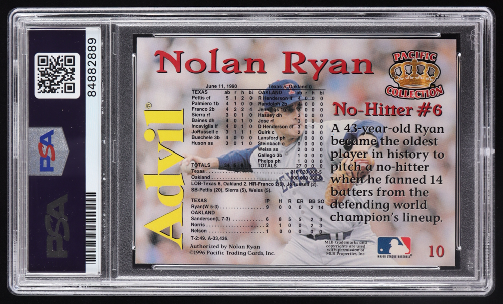 Nolan Ryan Signed 1996 Pacific / Advil Nolan Ryan #10 No-Hitter #6 (PSA) at PristineAuction.com Nolan Ryan Signed 1996 Pacific / Advil Nolan Ryan #10 No-Hitter #6 (PSA) at PristineAuction.com
