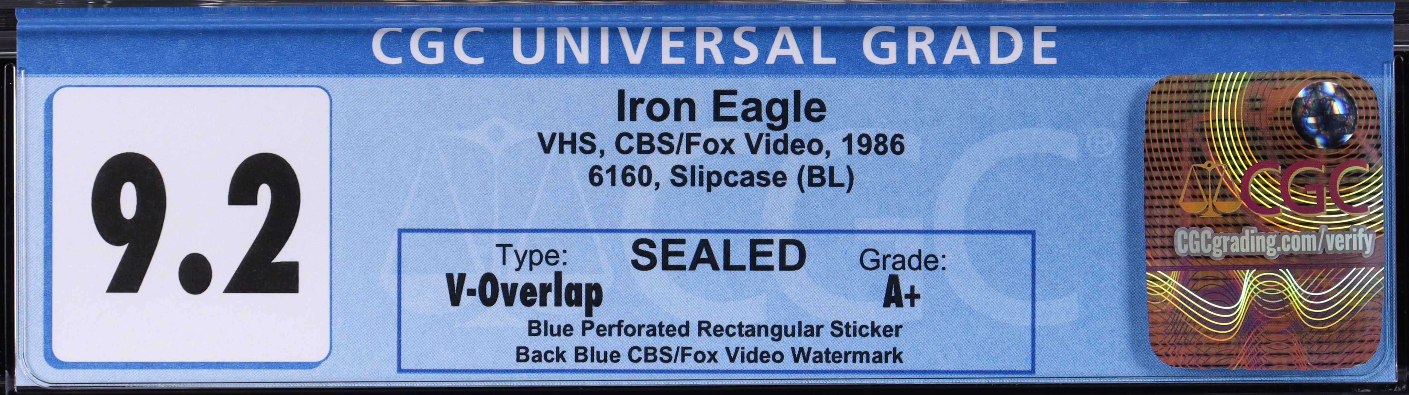 1986 "Iron Eagle" CBS/FOX Video VHS Cassette Tape (CGC 9.2) at PristineAuction.com 1986 "Iron Eagle" CBS/FOX Video VHS Cassette Tape (CGC 9.2) at PristineAuction.com