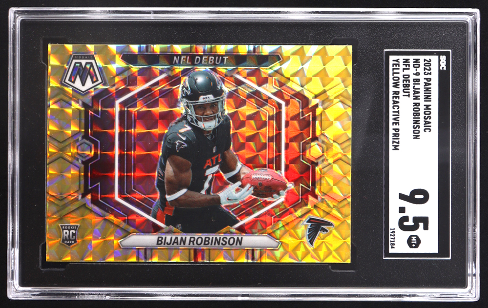 Bijan Robinson 2023 Panini Mosaic NFL Debut Mosaic Reactive Yellow #9 RC (SGC 9.5) at PristineAuction.com Bijan Robinson 2023 Panini Mosaic NFL Debut Mosaic Reactive Yellow #9 RC (SGC 9.5) at PristineAuction.com