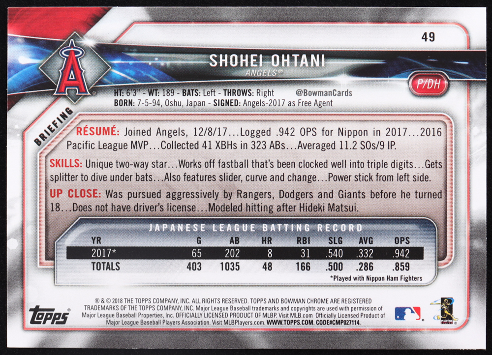 Shohei Ohtani 2018 Bowman #49 RC at PristineAuction.com Shohei Ohtani 2018 Bowman #49 RC at PristineAuction.com
