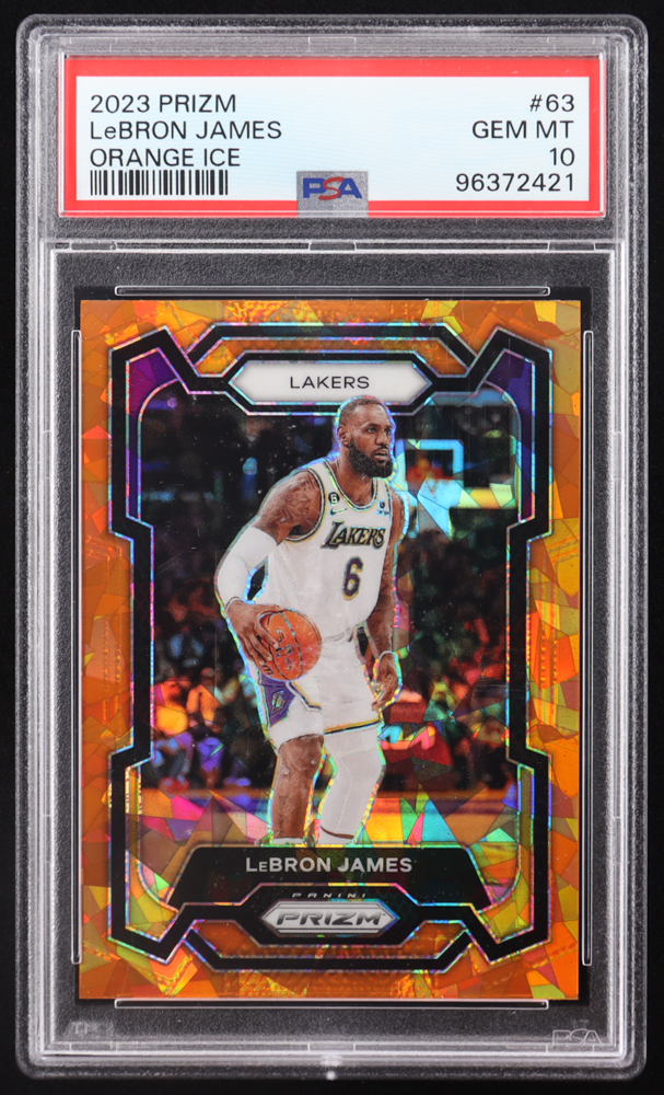 LeBron James 2023-24 Panini Prizm Prizms Orange Ice #63 (PSA 10) at PristineAuction.com LeBron James 2023-24 Panini Prizm Prizms Orange Ice #63 (PSA 10) at PristineAuction.com