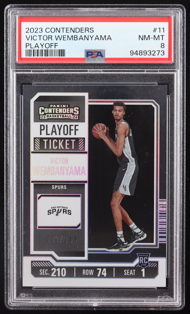Victor Wembanyama 2023-24 Panini Contenders Playoff Ticket #11 #002/249 RC (PSA 8) at PristineAuction.com Victor Wembanyama 2023-24 Panini Contenders Playoff Ticket #11 #002/249 RC (PSA 8) at PristineAuction.com