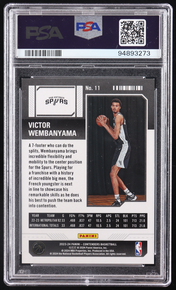 Victor Wembanyama 2023-24 Panini Contenders Playoff Ticket #11 #002/249 RC (PSA 8) at PristineAuction.com Victor Wembanyama 2023-24 Panini Contenders Playoff Ticket #11 #002/249 RC (PSA 8) at PristineAuction.com