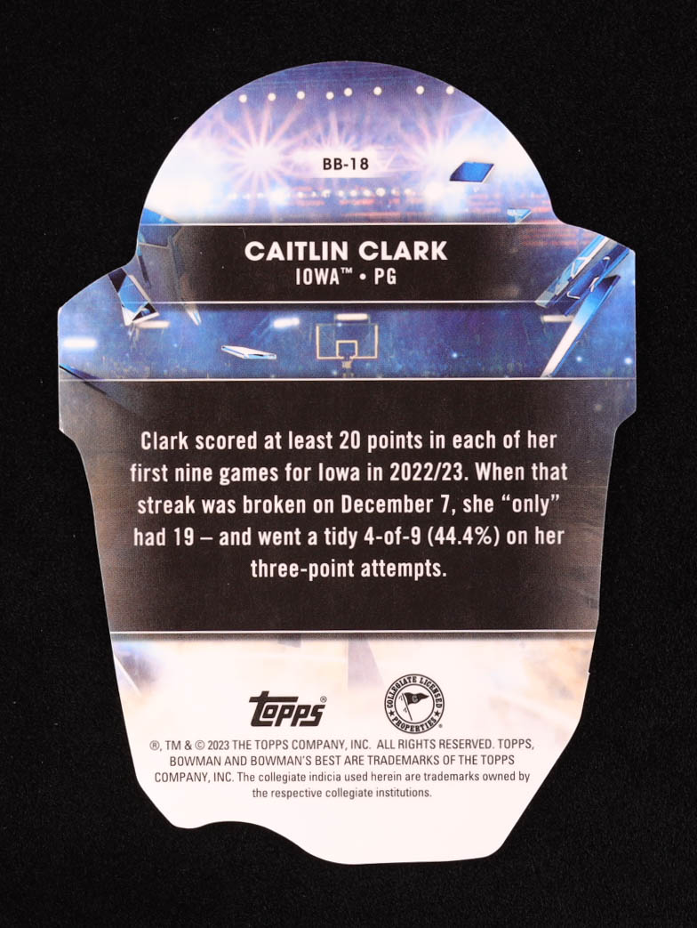 Caitlin Clark 2022-23 Bowman's Best University Bowman U Buckets Die Cut #BB18 RC at PristineAuction.com Caitlin Clark 2022-23 Bowman's Best University Bowman U Buckets Die Cut #BB18 RC at PristineAuction.com