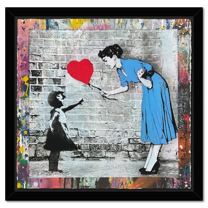 "Love Catcher" 26x26 Custom Framed UNIQ Mixed Media on Deckle Edge Paper by Mr. Brainwash (PA) at PristineAuction.com "Love Catcher" 26x26 Custom Framed UNIQ Mixed Media on Deckle Edge Paper by Mr. Brainwash (PA) at PristineAuction.com