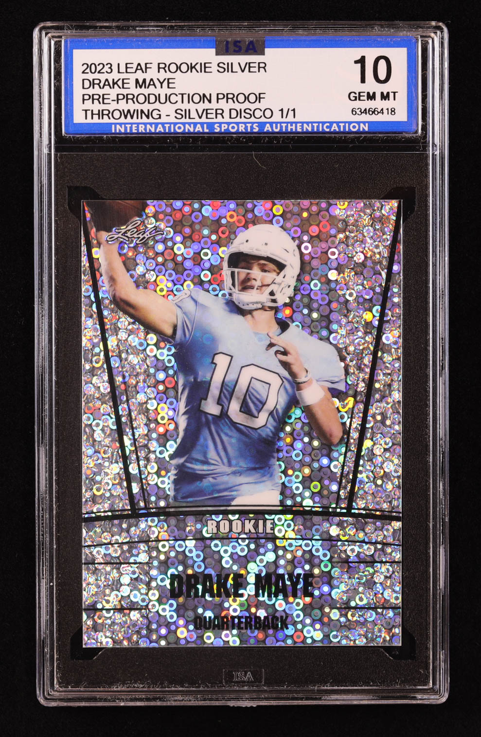 Drake Maye 2023 Leaf Rookie Silver Disco Silver Pre-Production Proof #NNO #1/1 RC (ISA 10) at PristineAuction.com Drake Maye 2023 Leaf Rookie Silver Disco Silver Pre-Production Proof #NNO #1/1 RC (ISA 10) at PristineAuction.com