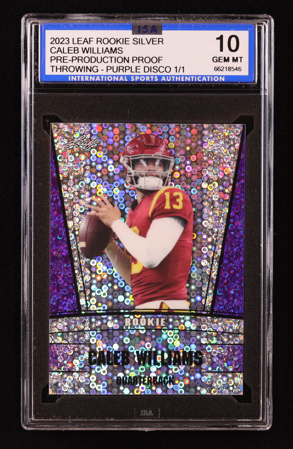 Caleb Williams 2023 Leaf Rookie Silver Disco Purple Pre-Production Proof #NNO #1/1 RC (ISA 10) at PristineAuction.com Caleb Williams 2023 Leaf Rookie Silver Disco Purple Pre-Production Proof #NNO #1/1 RC (ISA 10) at PristineAuction.com