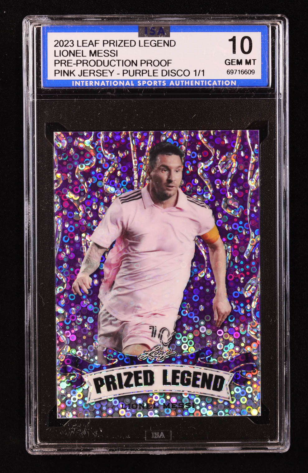 Lionel Messi 2023 Leaf Metal Prized Legend Disco Purple Pre-Production Proof #NNO #1/1 (ISA 10) at PristineAuction.com Lionel Messi 2023 Leaf Metal Prized Legend Disco Purple Pre-Production Proof #NNO #1/1 (ISA 10) at PristineAuction.com