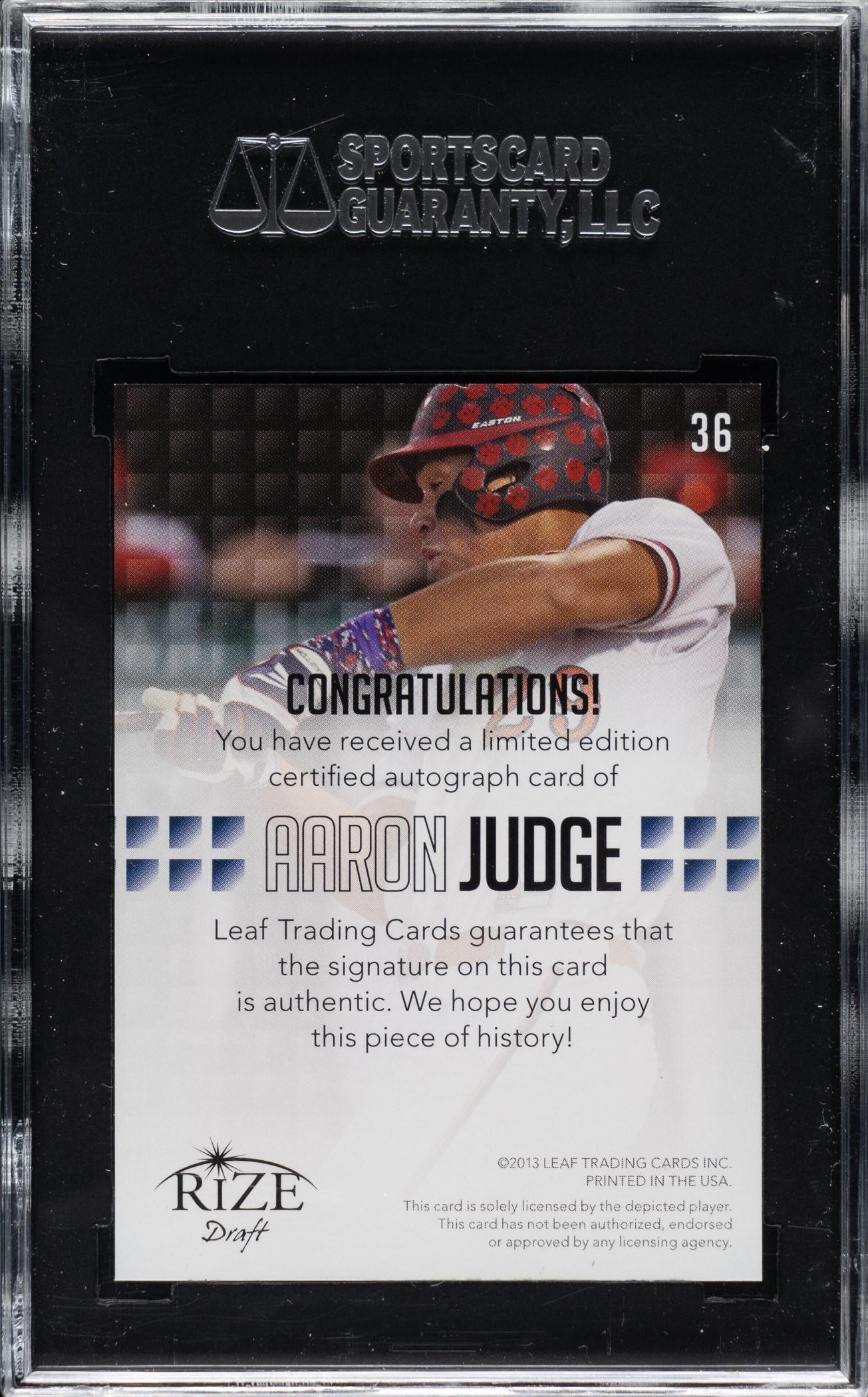 Aaron Judge 2013 Leaf Rize Draft Autographed Black #6 RC #33/50 (SGC 8) at PristineAuction.com Aaron Judge 2013 Leaf Rize Draft Autographed Black #6 RC #33/50 (SGC 8) at PristineAuction.com