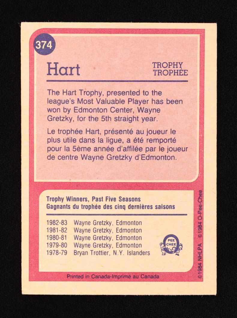 Wayne Gretzky 1984-85 O-Pee-Chee #374 Hart at PristineAuction.com Wayne Gretzky 1984-85 O-Pee-Chee #374 Hart at PristineAuction.com