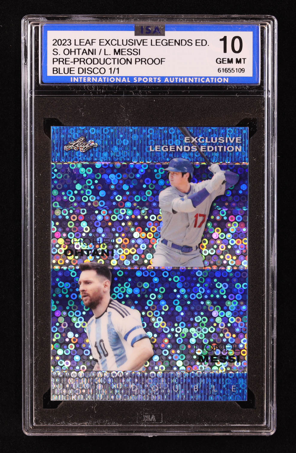 Shohei Ohtani / Lionel Messi 2023 Leaf Exclusive Legends Edition Disco Blue Pre-Production Proof #NNO #1/1 (ISA 10) at PristineAuction.com Shohei Ohtani / Lionel Messi 2023 Leaf Exclusive Legends Edition Disco Blue Pre-Production Proof #NNO #1/1 (ISA 10) at PristineAuction.com
