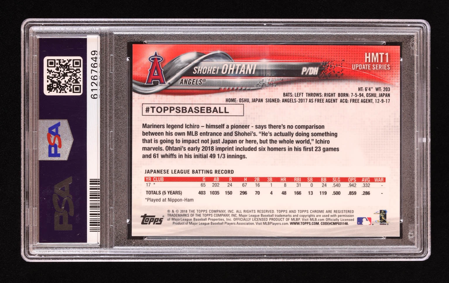 thumbnail image 2 of 2018 Topps Chrome Shohei Ohtani Update International Affair Rookie RC PSA 10 Graded Card 2 of 6