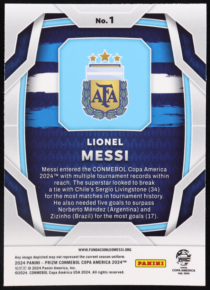 Lionel Messi 2024 Panini Prizm Copa America #1 at PristineAuction.com Lionel Messi 2024 Panini Prizm Copa America #1 at PristineAuction.com