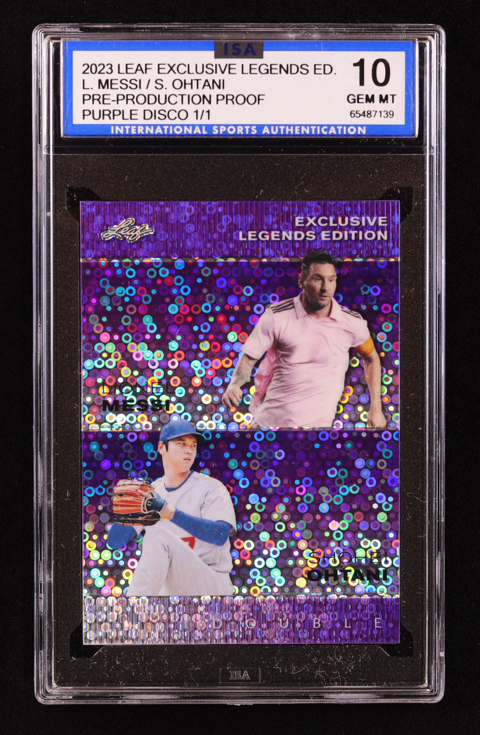 Shohei Ohtani / Lionel Messi 2023 Leaf Exclusive Legends Edition Disco Purple Pre-Production Proof #NNO #1/1 (ISA 10) at PristineAuction.com Shohei Ohtani / Lionel Messi 2023 Leaf Exclusive Legends Edition Disco Purple Pre-Production Proof #NNO #1/1 (ISA 10) at PristineAuction.com